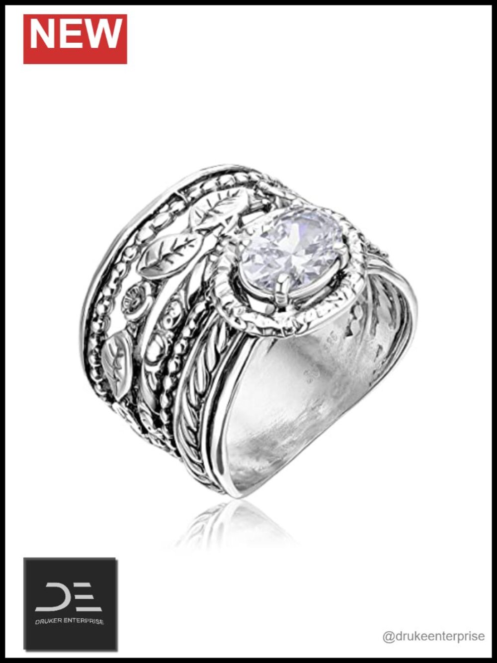 Wide Multi Strand Sterling Silver Statement Ring with Floral & Leaves Cubic